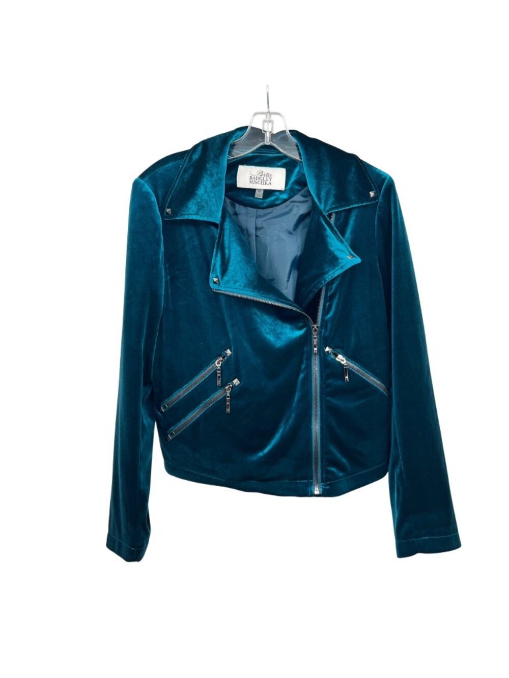 Belle Badgley Mischka Velour Moto Jacket Zip Pockets Teal Size Small